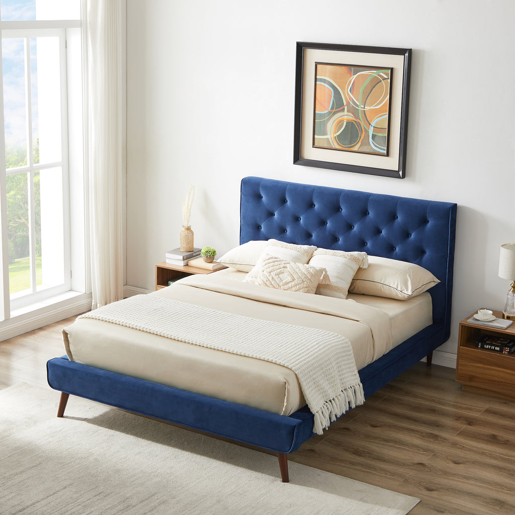 Ashley Queen Size Navy Blue Velvet Platform Bed | MidinMod | TX | Best Furniture stores in Houston