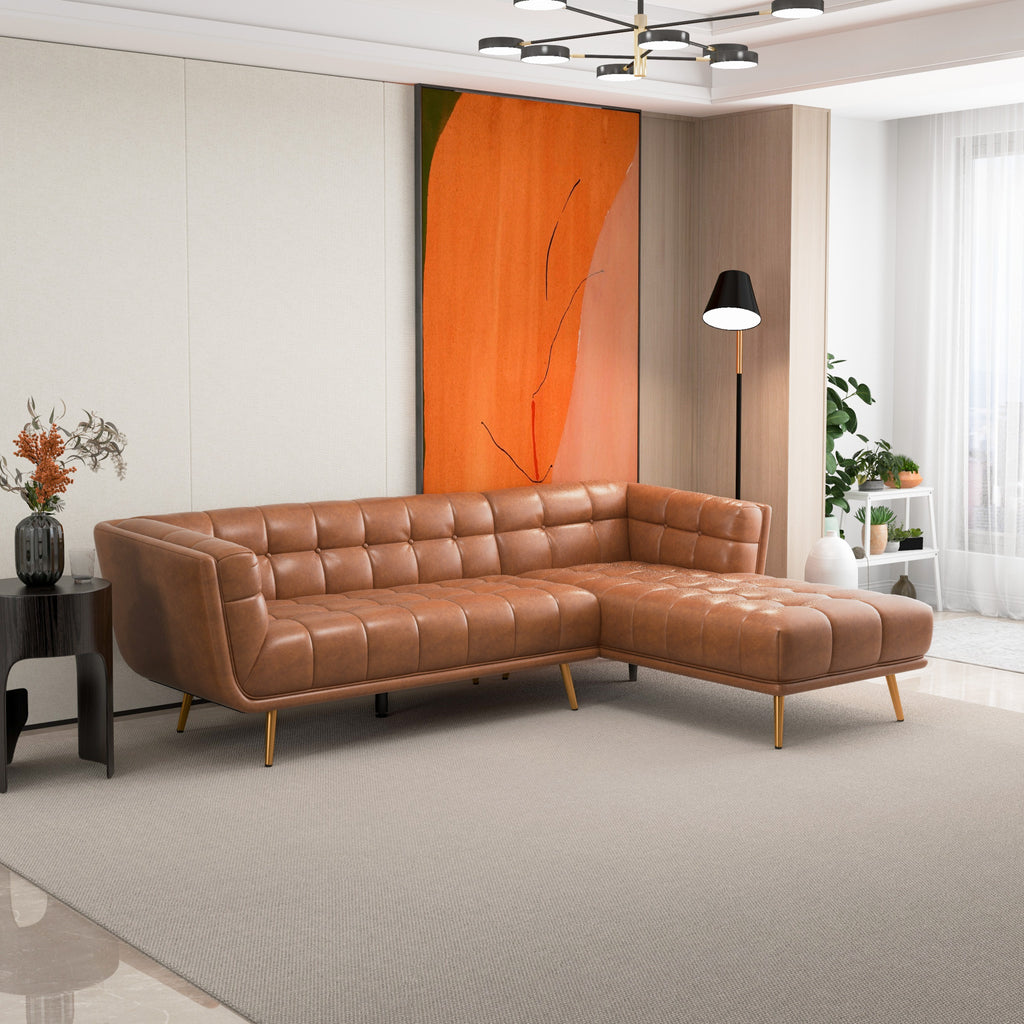 Kano Sectional Sofa - Cognac Leather Right Chaise  | MidinMod | TX | Best Furniture stores in Houston